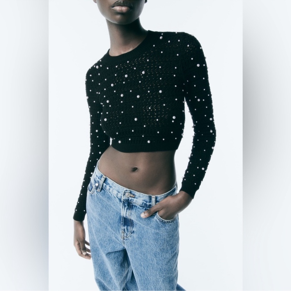 Zara Open Back Knit Pearl Sweater in Black